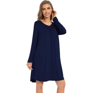 image:imageWiWi Womens Viscose from Bamboo Nightgown Long Sleeve Nightshirt Soft Sleep Dress Loose Comfy Pajama Sleepwear SXXLCnavy