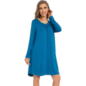 image:imageWiWi Womens Viscose from Bamboo Nightgown Long Sleeve Nightshirt Soft Sleep Dress Loose Comfy Pajama Sleepwear SXXLCteal Blue