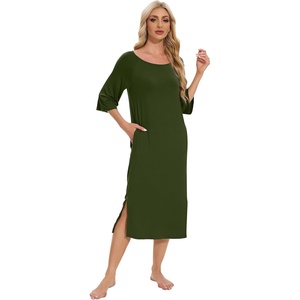 image:imageWiWi Womens Viscose from Bamboo Nightgowns 34 Sleeves Nightshirts Full Length Soft Knit Sleep Shirts SXXLAarmy Green
