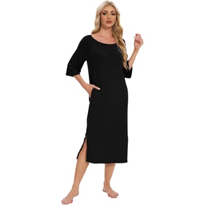 image:imageWiWi Womens Viscose from Bamboo Nightgowns 34 Sleeves Nightshirts Full Length Soft Knit Sleep Shirts SXXLAblack