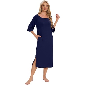 image:imageWiWi Womens Viscose from Bamboo Nightgowns 34 Sleeves Nightshirts Full Length Soft Knit Sleep Shirts SXXLAnavy