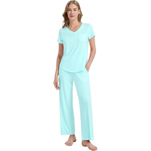 image:imageWiWi Womens Viscose from Bamboo Pajamas Set Short Sleeve Pajama Sets with Pants Super Soft Cooling Pjs with Pockets SXXLAqua