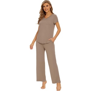 image:imageWiWi Womens Viscose from Bamboo Pajamas Set Short Sleeve Pajama Sets with Pants Super Soft Cooling Pjs with Pockets SXXLCamel