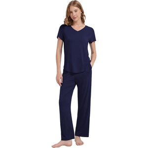 image:imageWiWi Womens Viscose from Bamboo Pajamas Set Short Sleeve Pajama Sets with Pants Super Soft Cooling Pjs with Pockets SXXLNavy