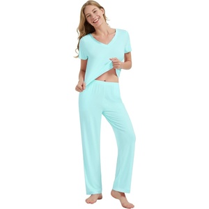image:imageWiWi Womens Viscose from Bamboo Pajamas Set Short Sleeve Top with Pants Pjs Soft V Neck Sleepwear Lightweight Loungewear S3XAaqua