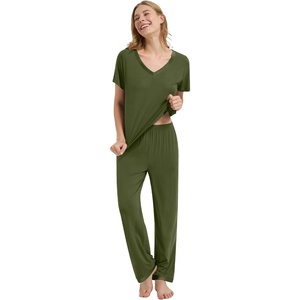 image:imageWiWi Womens Viscose from Bamboo Pajamas Set Short Sleeve Top with Pants Pjs Soft V Neck Sleepwear Lightweight Loungewear S3XAarmy Green
