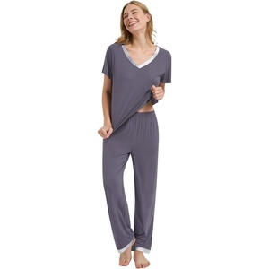 image:imageWiWi Womens Viscose from Bamboo Pajamas Set Short Sleeve Top with Pants Pjs Soft V Neck Sleepwear Lightweight Loungewear S3XAdark Grey