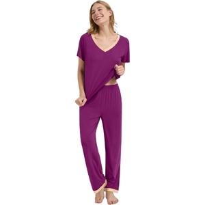 image:imageWiWi Womens Viscose from Bamboo Pajamas Set Short Sleeve Top with Pants Pjs Soft V Neck Sleepwear Lightweight Loungewear S3XAdark Reddish Purple