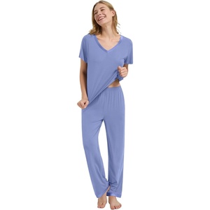 image:imageWiWi Womens Viscose from Bamboo Pajamas Set Short Sleeve Top with Pants Pjs Soft V Neck Sleepwear Lightweight Loungewear S3XAfog Blue
