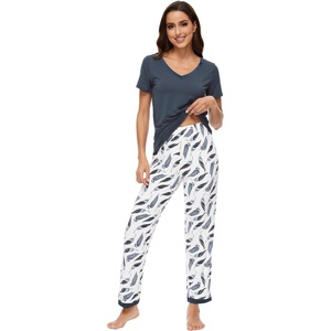 image:imageWiWi Womens Viscose from Bamboo Pajamas Set Short Sleeve Top with Pants Pjs Soft V Neck Sleepwear Lightweight Loungewear S3XAgreen Feather