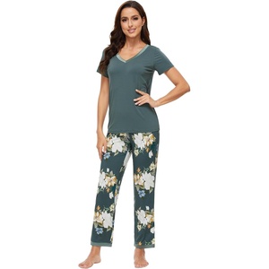image:imageWiWi Womens Viscose from Bamboo Pajamas Set Short Sleeve Top with Pants Pjs Soft V Neck Sleepwear Lightweight Loungewear S3XAgreenFloral