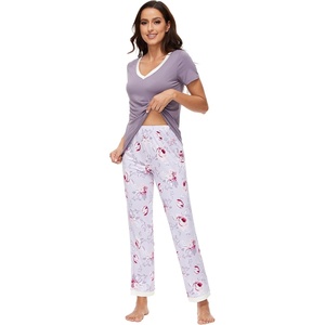 image:imageWiWi Womens Viscose from Bamboo Pajamas Set Short Sleeve Top with Pants Pjs Soft V Neck Sleepwear Lightweight Loungewear S3XAgreyPeony