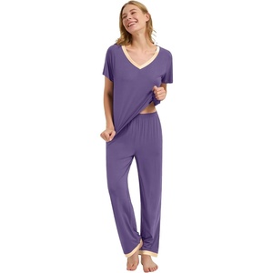 image:imageWiWi Womens Viscose from Bamboo Pajamas Set Short Sleeve Top with Pants Pjs Soft V Neck Sleepwear Lightweight Loungewear S3XAlavender