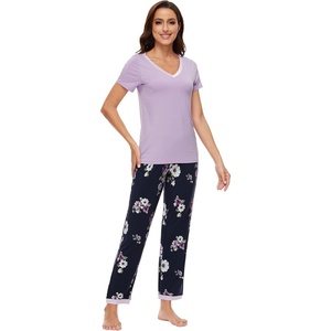 image:imageWiWi Womens Viscose from Bamboo Pajamas Set Short Sleeve Top with Pants Pjs Soft V Neck Sleepwear Lightweight Loungewear S3XAnavyFloral