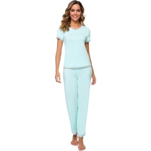 image:imageWiWi Womens Viscose from Bamboo Pajamas Set Short Sleeve Top with Pants Pjs Soft V Neck Sleepwear Lightweight Loungewear S3XBaqua
