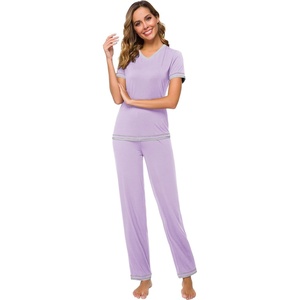 image:imageWiWi Womens Viscose from Bamboo Pajamas Set Short Sleeve Top with Pants Pjs Soft V Neck Sleepwear Lightweight Loungewear S3XBtaro Purple
