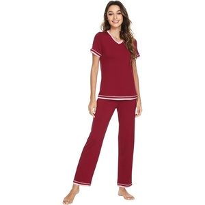image:imageWiWi Womens Viscose from Bamboo Pajamas Set Short Sleeve Top with Pants Pjs Soft V Neck Sleepwear Lightweight Loungewear S3XBwine