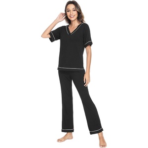 image:imageWiWi Womens Viscose from Bamboo Pajamas Set Short Sleeve Top with Pants Pjs Soft V Neck Sleepwear Lightweight Loungewear S3XCblack