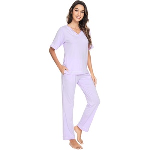 image:imageWiWi Womens Viscose from Bamboo Pajamas Set Short Sleeve Top with Pants Pjs Soft V Neck Sleepwear Lightweight Loungewear S3XCtaro Purple