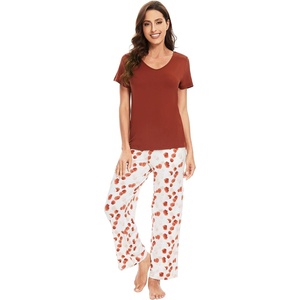 image:imageWiWi Womens Viscose from Bamboo Pajamas Set Short Sleeve Top with Pants Pjs Soft V Neck Sleepwear Lightweight Loungewear S3XDbrickred