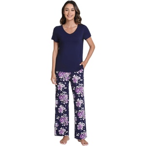 image:imageWiWi Womens Viscose from Bamboo Pajamas Set Short Sleeve Top with Pants Pjs Soft V Neck Sleepwear Lightweight Loungewear S3XDdark NavyPurple Floral