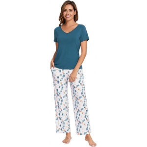 image:imageWiWi Womens Viscose from Bamboo Pajamas Set Short Sleeve Top with Pants Pjs Soft V Neck Sleepwear Lightweight Loungewear S3XDgreen
