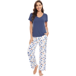 image:imageWiWi Womens Viscose from Bamboo Pajamas Set Short Sleeve Top with Pants Pjs Soft V Neck Sleepwear Lightweight Loungewear S3XDindio Blue