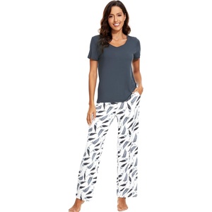 image:imageWiWi Womens Viscose from Bamboo Pajamas Set Short Sleeve Top with Pants Pjs Soft V Neck Sleepwear Lightweight Loungewear S3XDmidnight Blue Print