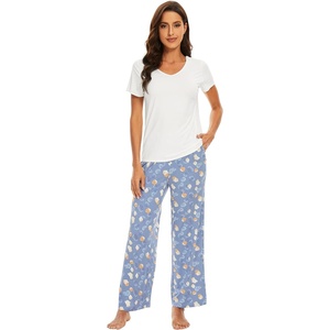 image:imageWiWi Womens Viscose from Bamboo Pajamas Set Short Sleeve Top with Pants Pjs Soft V Neck Sleepwear Lightweight Loungewear S3XDraw WhiteBlue
