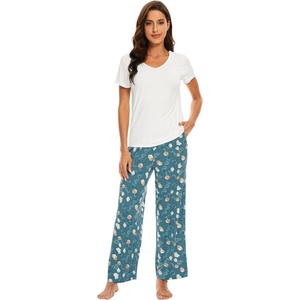 image:imageWiWi Womens Viscose from Bamboo Pajamas Set Short Sleeve Top with Pants Pjs Soft V Neck Sleepwear Lightweight Loungewear S3XDraw WhiteGreen