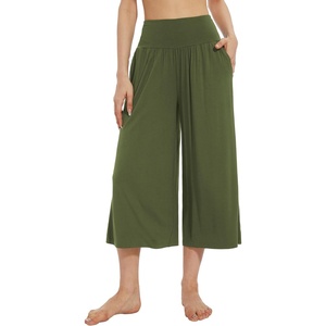 image:imageWiWi Womens Wide Leg Capri Pants Viscose from Bamboo Palazzo Lounge Bottoms with Pockets High Waist Pajama Bottom SXXLArmy Green