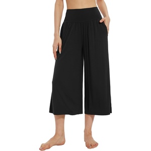 image:imageWiWi Womens Wide Leg Capri Pants Viscose from Bamboo Palazzo Lounge Bottoms with Pockets High Waist Pajama Bottom SXXLBlack
