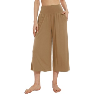 image:imageWiWi Womens Wide Leg Capri Pants Viscose from Bamboo Palazzo Lounge Bottoms with Pockets High Waist Pajama Bottom SXXLKhaki