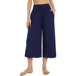 image:imageWiWi Womens Wide Leg Capri Pants Viscose from Bamboo Palazzo Lounge Bottoms with Pockets High Waist Pajama Bottom SXXLNavy