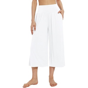 image:imageWiWi Womens Wide Leg Capri Pants Viscose from Bamboo Palazzo Lounge Bottoms with Pockets High Waist Pajama Bottom SXXLRaw White