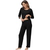 image:imageWiWi Bamboo Viscose Womens Pajama Set 34 Sleeve Pajamas Crewneck Sleepwear Sets Soft Loungewear Pjs with Pockets SXXLAblack