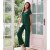 image:imageWiWi Womens Pajama Set Short Sleeve Top and Long Pants with Pockets Rayon Sleepwear Soft V Neck 2 Piece Pajamas SXXLFence Green