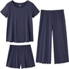 image:imageWiWi 3 PCS Pajamas for Women Set Short Sleeve Pajama Sets Capri and Shorts Pj Sets Super Soft Cooling Sleepwear SXXLNavy