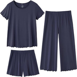 image:imageWiWi 3 PCS Pajamas for Women Set Short Sleeve Pajama Sets Capri and Shorts Pj Sets Super Soft Cooling Sleepwear SXXLNavy