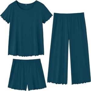 image:imageWiWi 3 PCS Pajamas for Women Set Short Sleeve Pajama Sets Capri and Shorts Pj Sets Super Soft Cooling Sleepwear SXXLPeacock Blue