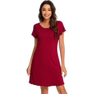 image:imageWiWi Bamboo Viscose Nightgowns for Women Super Soft Short Sleeve V Neck Sleep Dress Cooling Plus Size Lounge Sleepwear S4XDwine Red