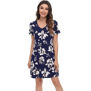 image:imageWiWi Bamboo Viscose Nightgowns for Women Super Soft Short Sleeve V Neck Sleep Dress Cooling Plus Size Lounge Sleepwear S4XNavy Floral