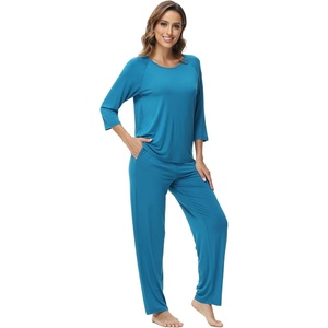 image:imageWiWi Bamboo Viscose Womens Pajama Set 34 Sleeve Pajamas Crewneck Sleepwear Sets Soft Loungewear Pjs with Pockets SXXLAteal Blue
