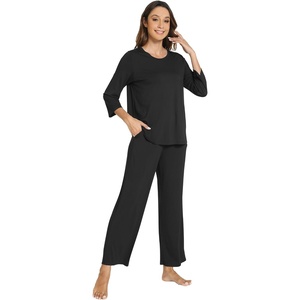 image:imageWiWi Bamboo Viscose Womens Pajama Set 34 Sleeve Pajamas Crewneck Sleepwear Sets Soft Loungewear Pjs with Pockets SXXLBblack