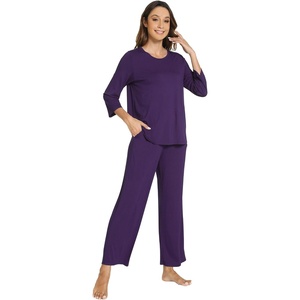 image:imageWiWi Bamboo Viscose Womens Pajama Set 34 Sleeve Pajamas Crewneck Sleepwear Sets Soft Loungewear Pjs with Pockets SXXLBdark Purple