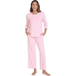 image:imageWiWi Bamboo Viscose Womens Pajama Set 34 Sleeve Pajamas Crewneck Sleepwear Sets Soft Loungewear Pjs with Pockets SXXLBpink