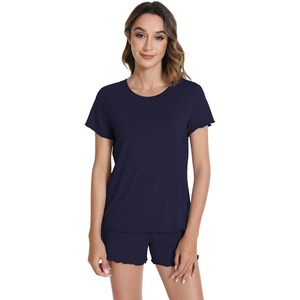image:imageWiWi Bamboo Viscose Womens Pajama Sets Tshirt amp Sleep Shorts Loungewear Set Soft 2 Piece Pjs Summer Cooling Sleepwear SXXLAnavy