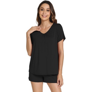 image:imageWiWi Bamboo Viscose Womens Pajama Sets Tshirt amp Sleep Shorts Loungewear Set Soft 2 Piece Pjs Summer Cooling Sleepwear SXXLBblack