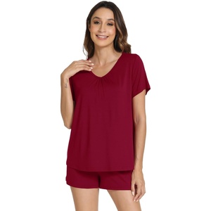 image:imageWiWi Bamboo Viscose Womens Pajama Sets Tshirt amp Sleep Shorts Loungewear Set Soft 2 Piece Pjs Summer Cooling Sleepwear SXXLBwine Red