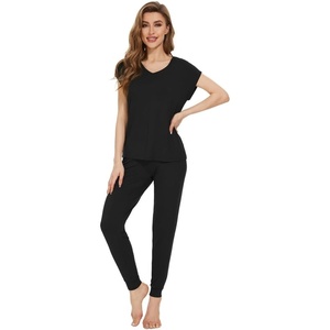 image:imageWiWi Lightweight Pajamas Sets for Women Short Sleeve Top with Long Jogger Pants Sleepwear Set Lounge Pjs SXXLBlack
